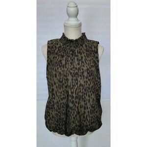 Anthropologie THML Size L Olive Green Animal Print Sleeveless Mock Neck Blouse